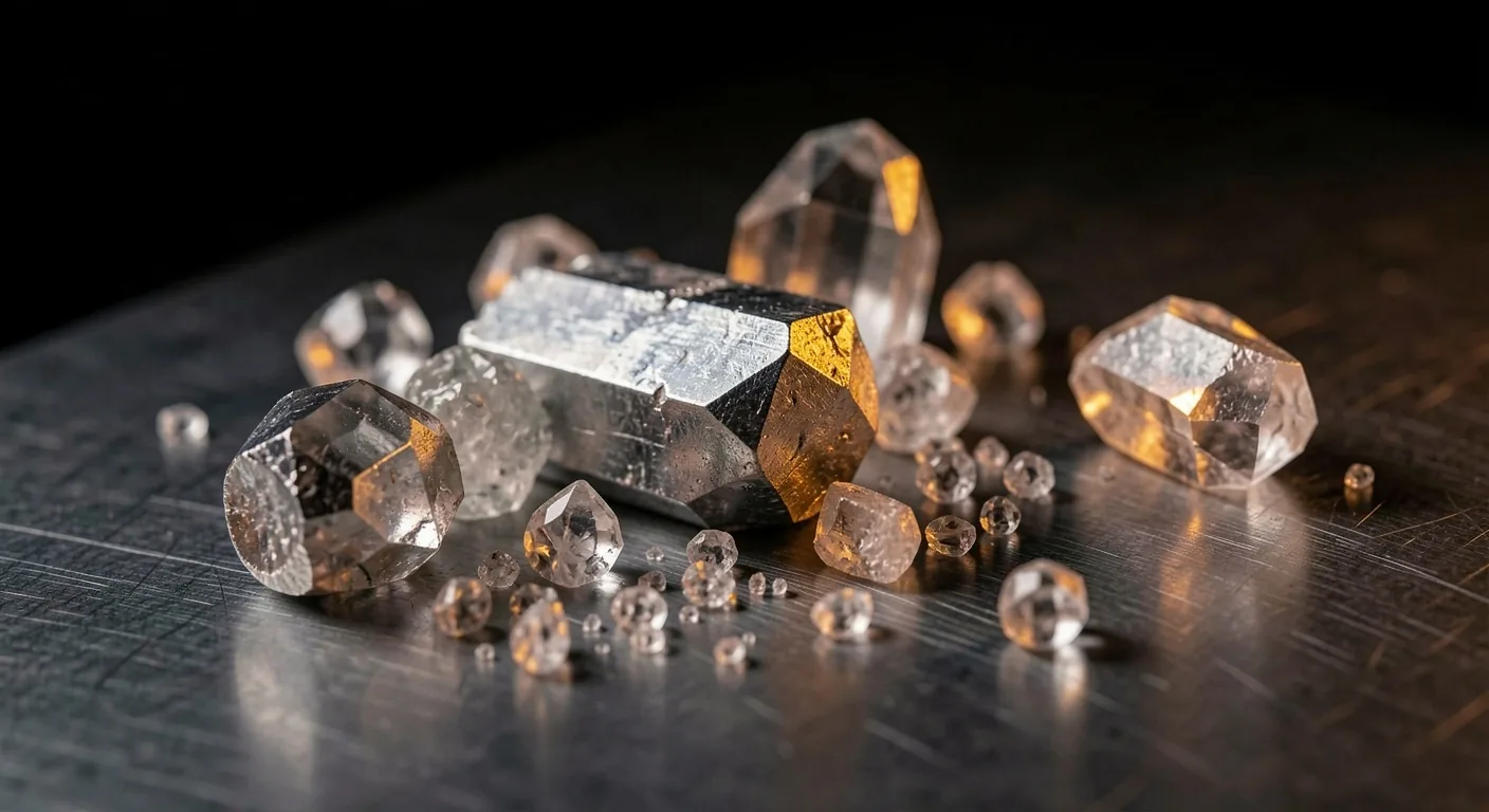 Raw mineral crystals on dark steel surface
